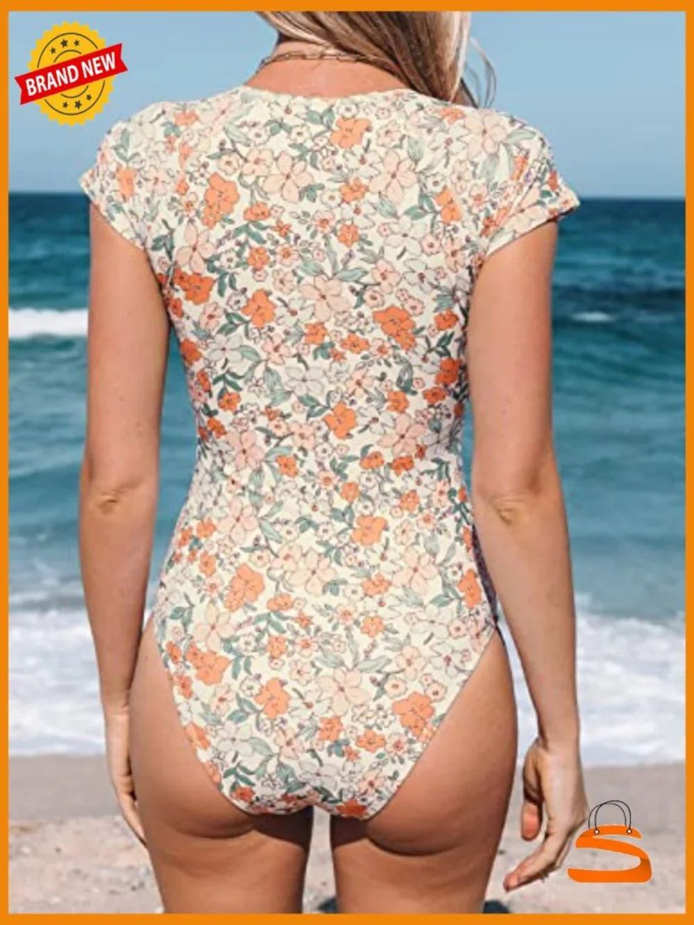 Mock Neck Zipper Short Sleeve One Piece Swimsuit - Picture 2 of 7